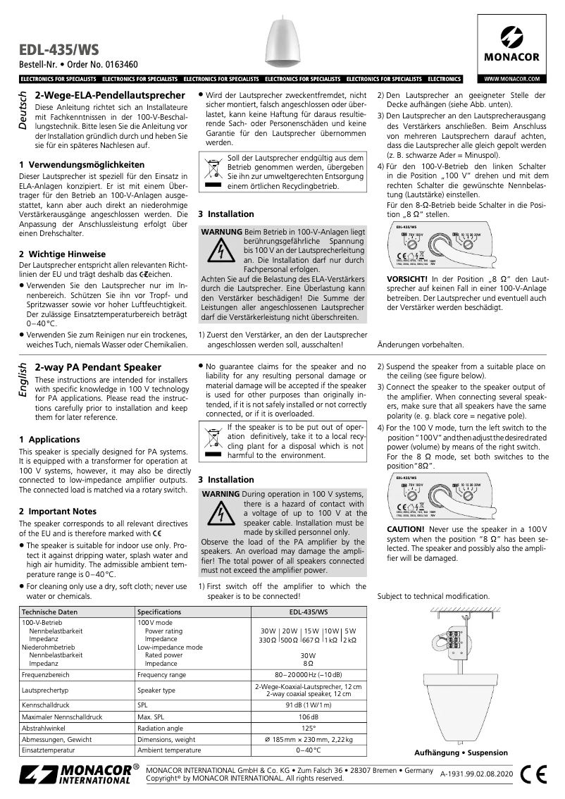 Page 1 de la notice Manuel utilisateur Monacor EDL-435/WS