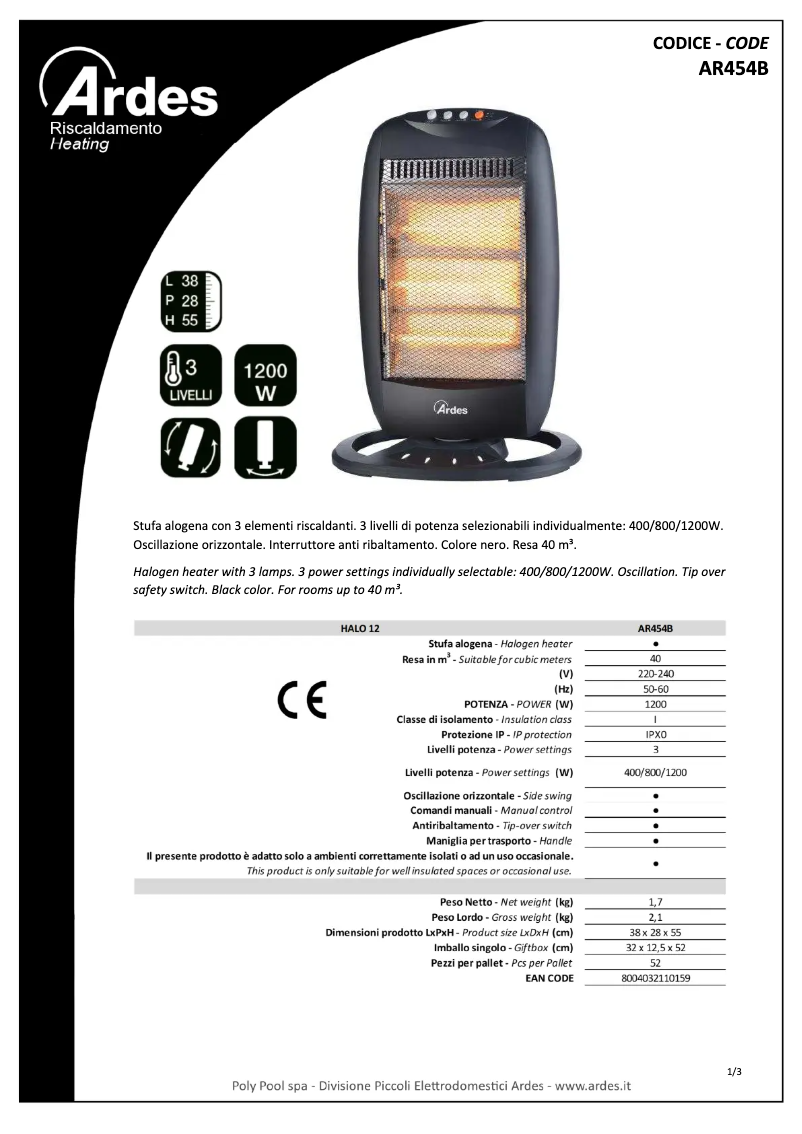 Page 1 de la notice Fiche technique Ardes AR454B