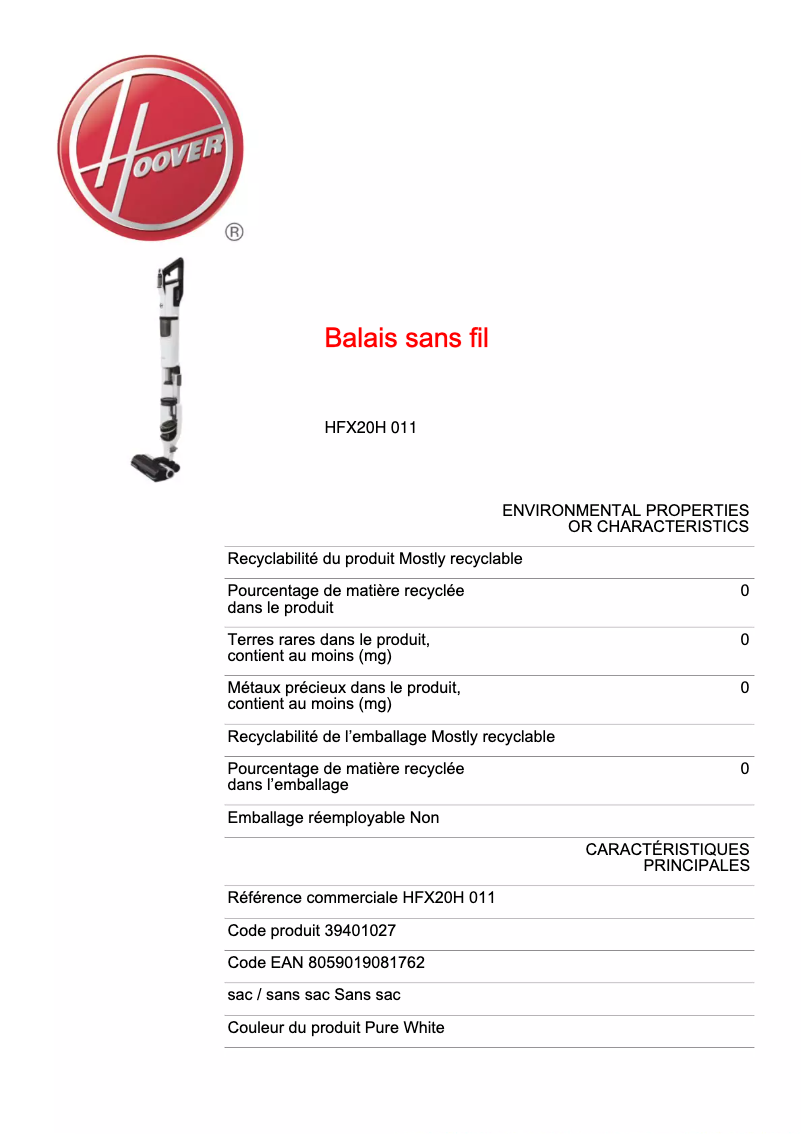 Página 1 del manual Ficha técnica Hoover HFX20H 011