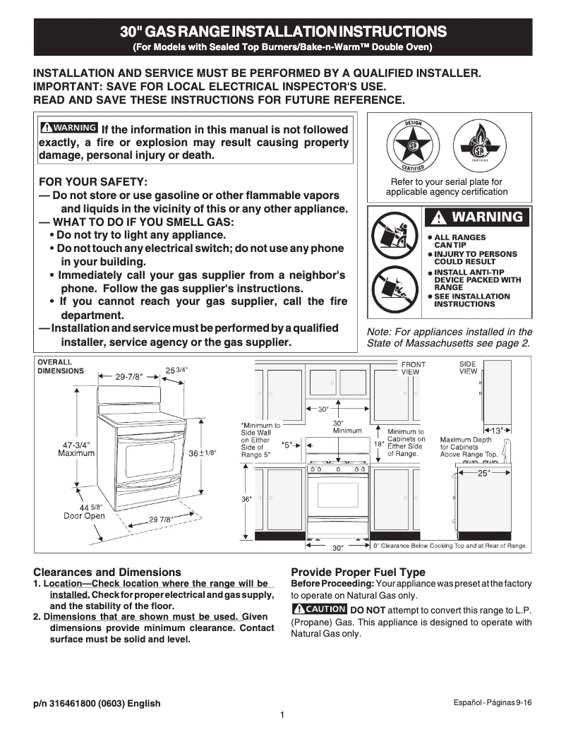 Page 1 de la notice Guide d'installation Frigidaire GLGFM98GPW
