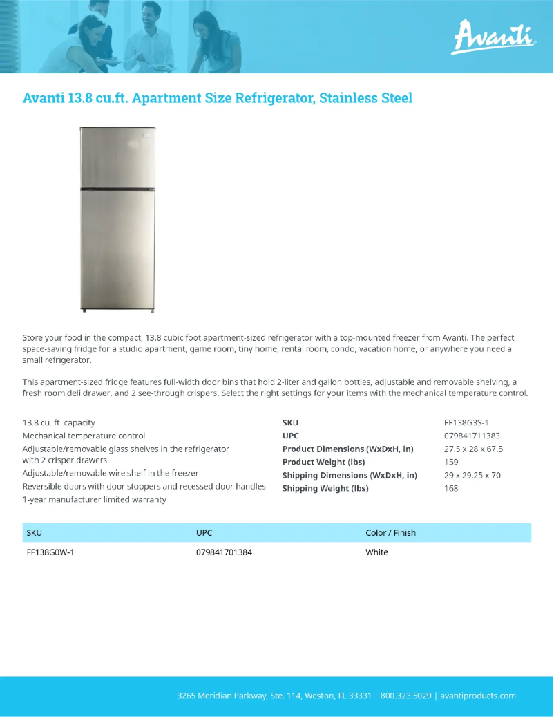 Page 1 de la notice Fiche technique Avanti FF138G3S-1