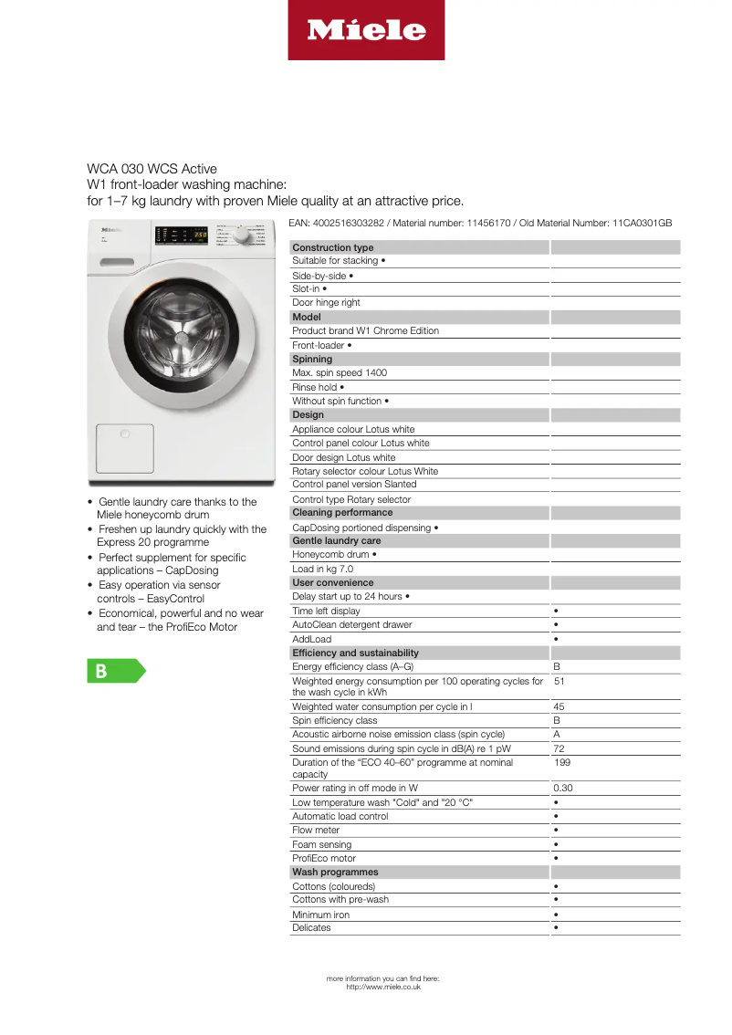 Page 1 de la notice Fiche technique Miele WCA 030 WCS Active
