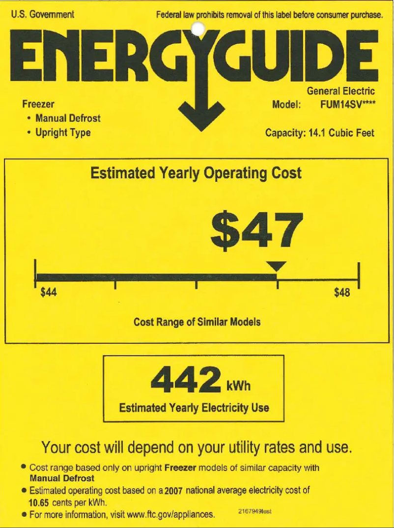 Page 1 de la notice Label énergétique GE FUM14SVRWW