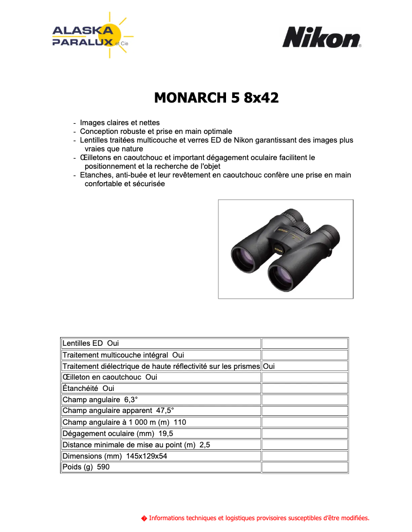 Page 1 de la notice Manuel utilisateur Nikon Monarch M5 8x42