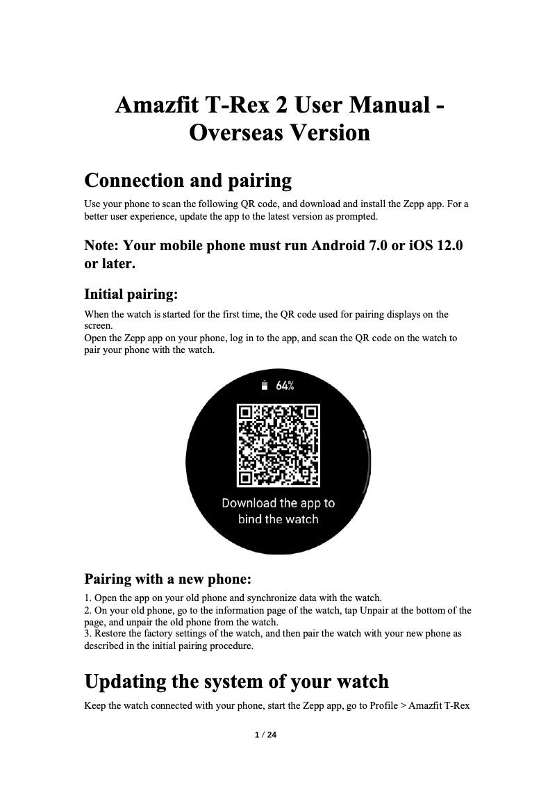 Page 1 de la notice Manuel utilisateur Amazfit T-Rex 2 Black