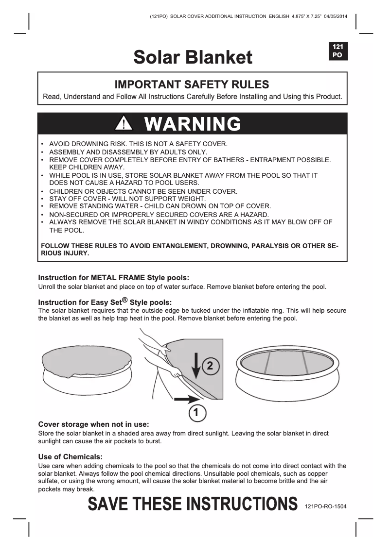Page 1 de la notice Manuel utilisateur Intex Solar Blanket