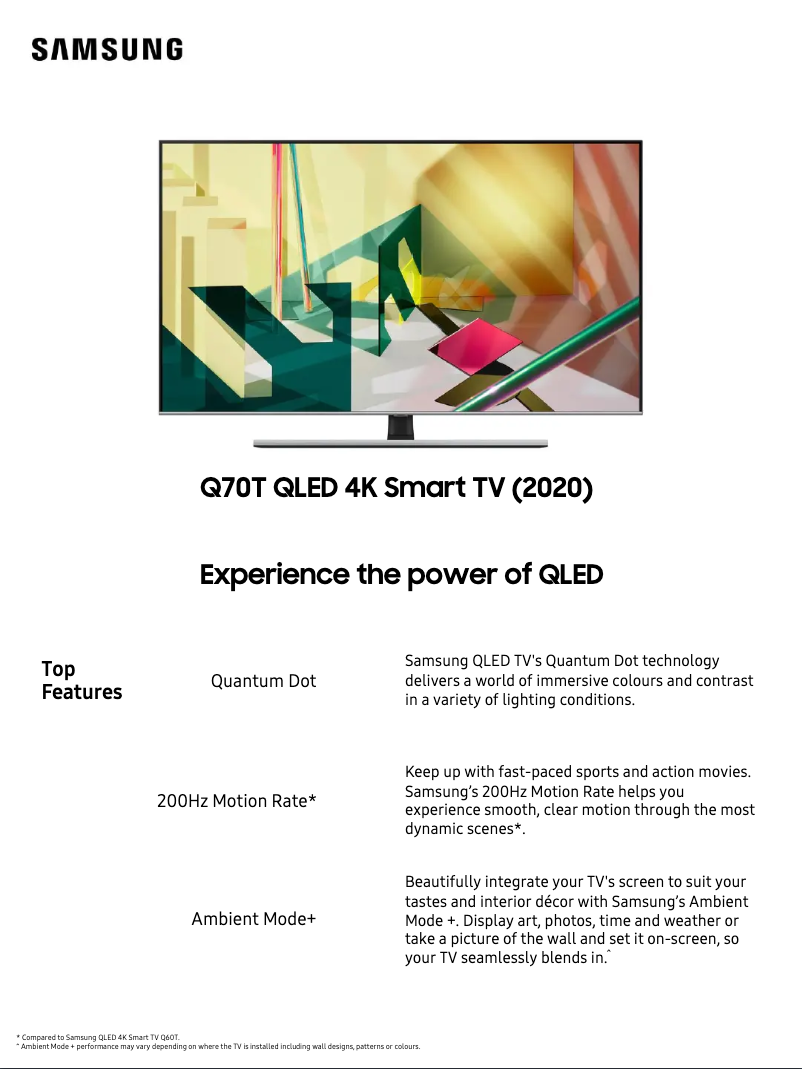 Página 1 del manual Ficha técnica Samsung QA85Q70TAWXXY