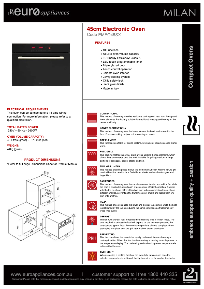 Page 1 de la notice Fiche technique Euro Appliances EMEO45SX