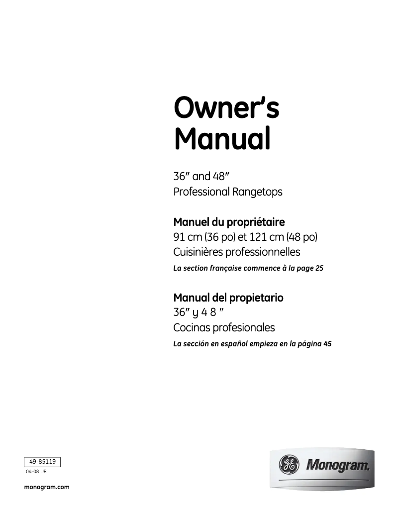 Página 1 del manual Manual de uso y mantenimiento GE ZGU48N4GHSS