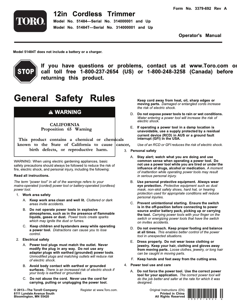 Page 1 de la notice Manuel utilisateur Toro 51434