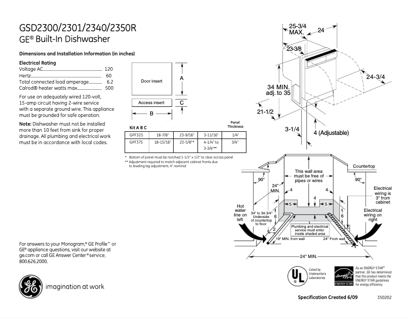 Page 1 of the manual Technical Sheet GE GSD2300RBB