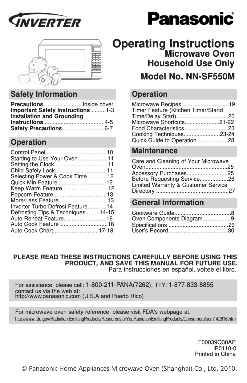 Page 1 de la notice Manuel utilisateur Panasonic NN-SF550M