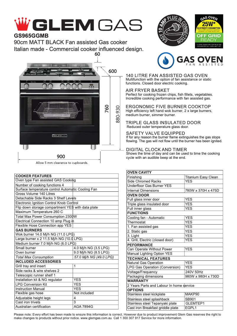 Page 1 de la notice Fiche technique Glem Gas GS965GGMB