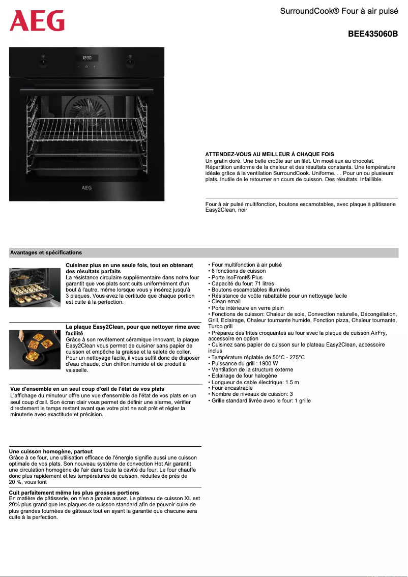 Page 1 de la notice Fiche technique AEG BEE435060B