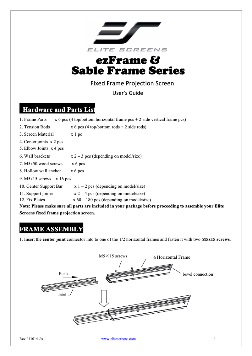 Page 1 de la notice Manuel utilisateur Elite Screens R106WH1