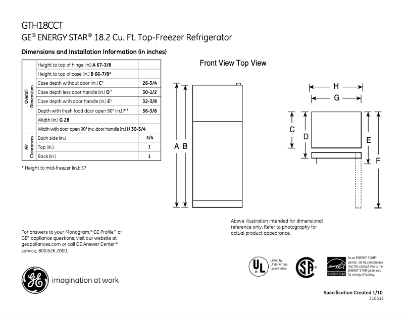 Página 1 del manual Ficha técnica GE GTH18CCTLWW