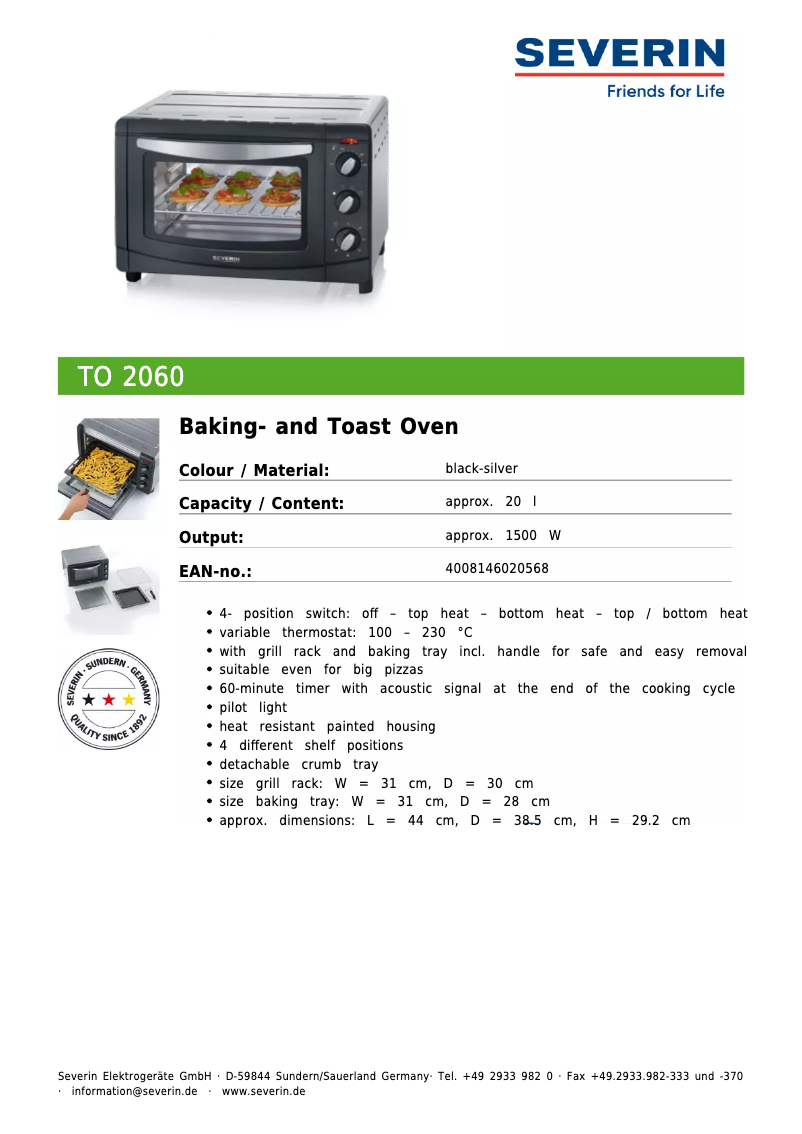 Page 1 de la notice Fiche technique Severin TO 2060