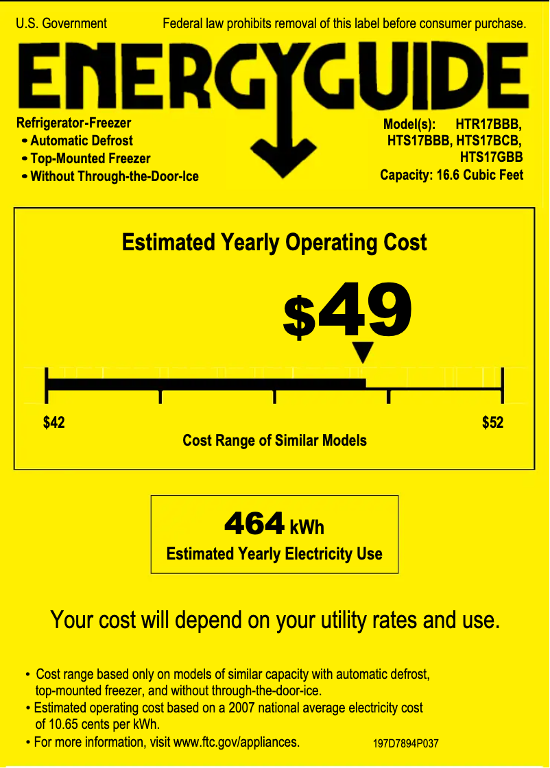 Page 1 de la notice Label énergétique Hotpoint HTS17BCBRWW