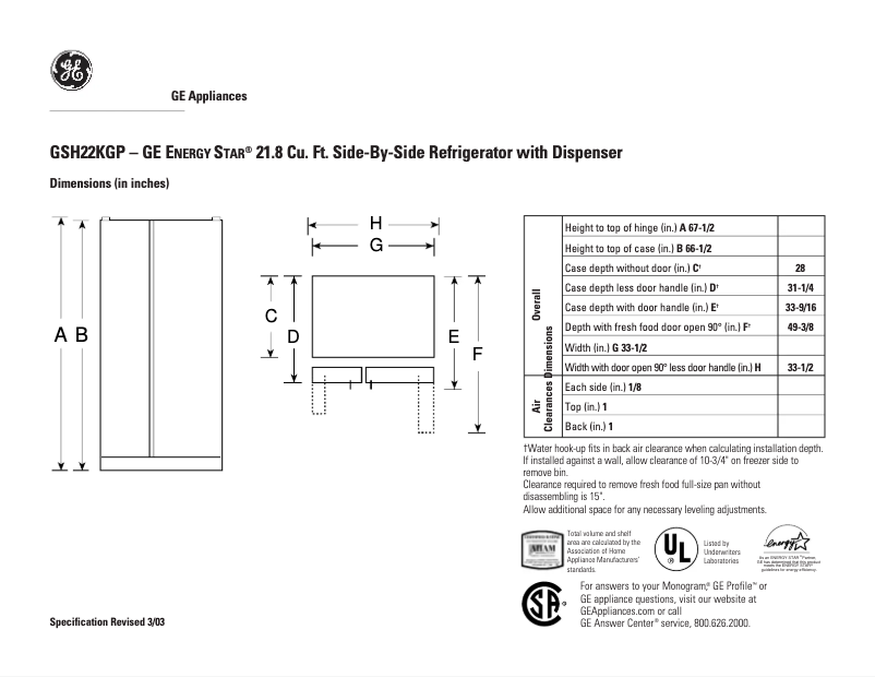 Page n°1 - Fiche technique GE GSH22KGPWW