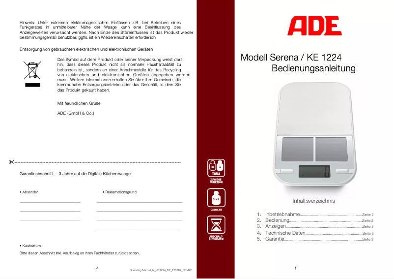 Page 1 de la notice Manuel utilisateur ADE Serena KE 1224