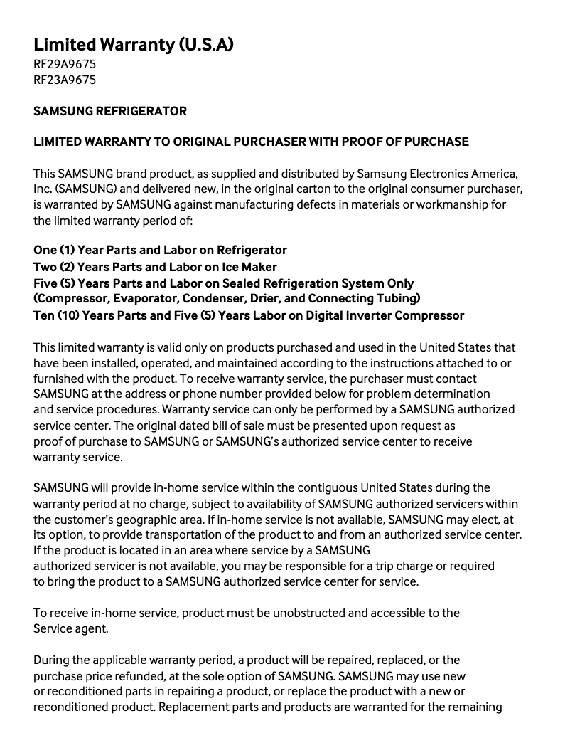 Page 1 de la notice Informations de garantie Samsung RF23A9675MT