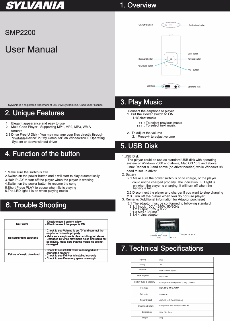 Page 1 de la notice Manuel utilisateur Sylvania SMP2200