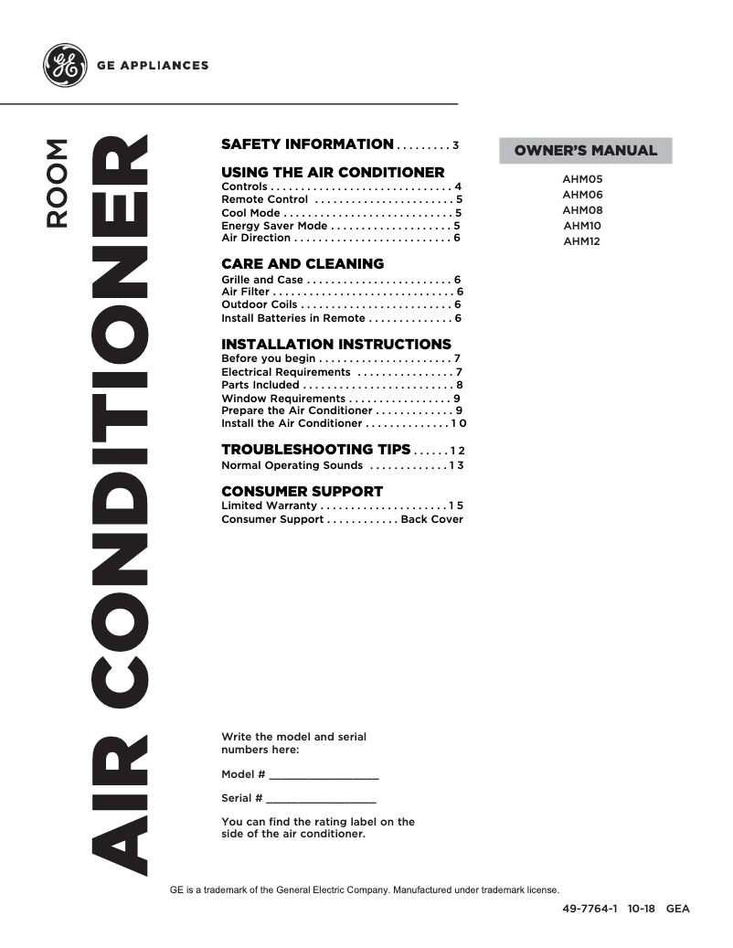 Page 1 de la notice Manuel utilisateur GE AHM10AY