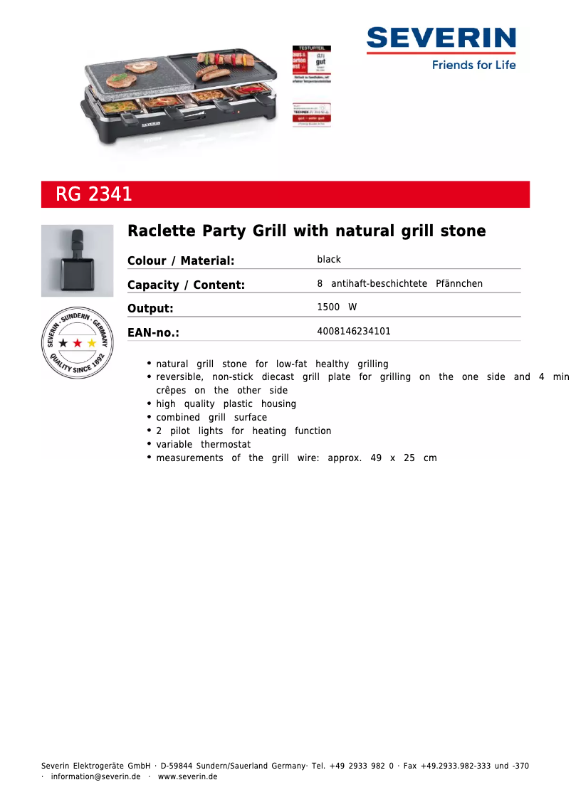 Page 1 de la notice Fiche technique Severin RG 2341