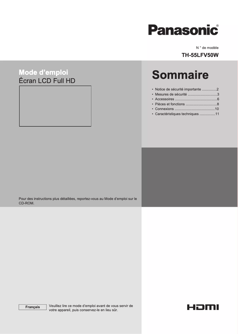Page 1 of the manual Quick Start Guide Panasonic TH-55LFV50W