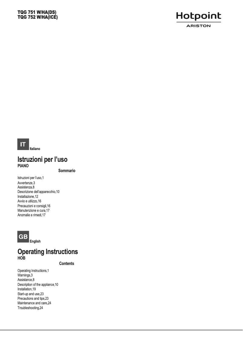 Page 1 de la notice Manuel utilisateur Hotpoint Ariston TQG 752 W/HA(ICE)
