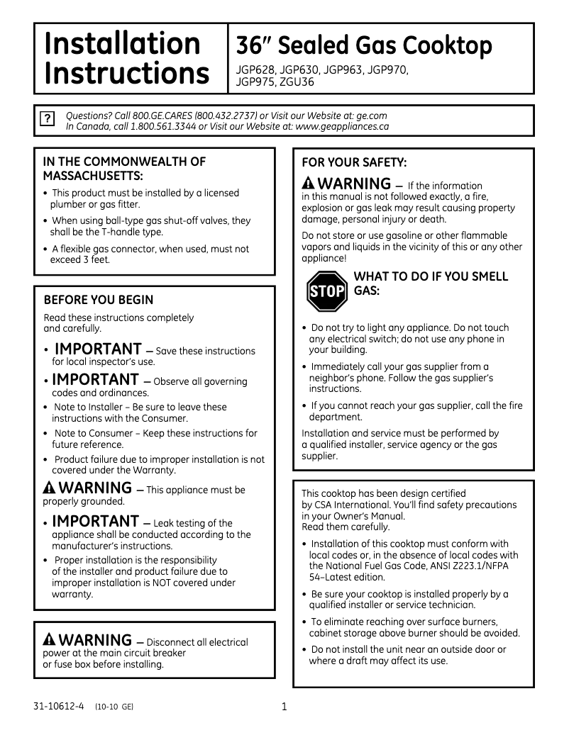 Página 1 del manual Guía de instalación GE Profile JGP975WEKWW