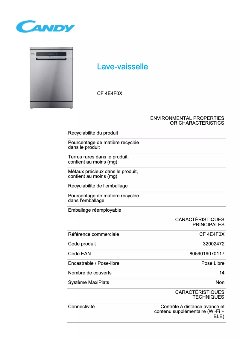 Page 1 of the manual Technical Sheet Candy CF 4E4F0X