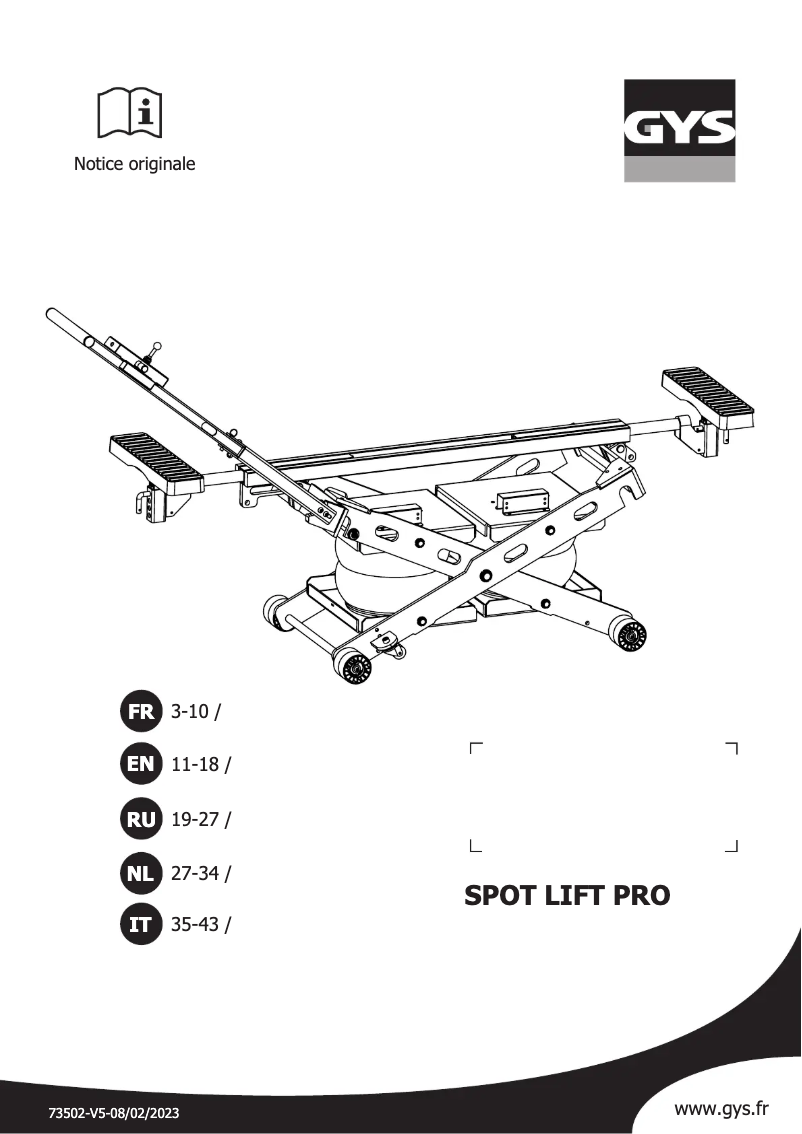 Page 1 de la notice Manuel utilisateur GYS Spot Lift PRO