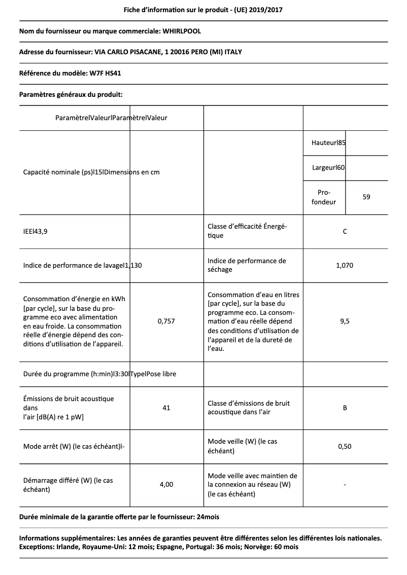 Page 1 de la notice Fiche technique Whirlpool W7FHS41