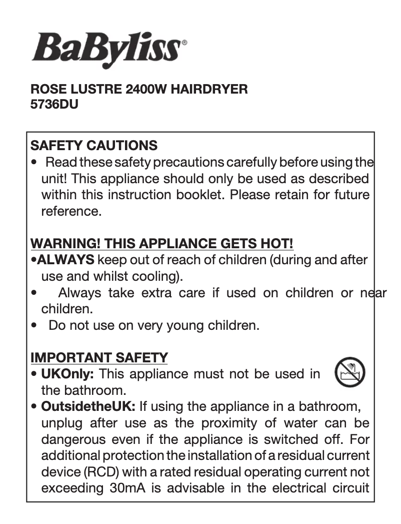 Page 1 de la notice Manuel utilisateur BaByliss Rose Lustre 2400W 5736DU