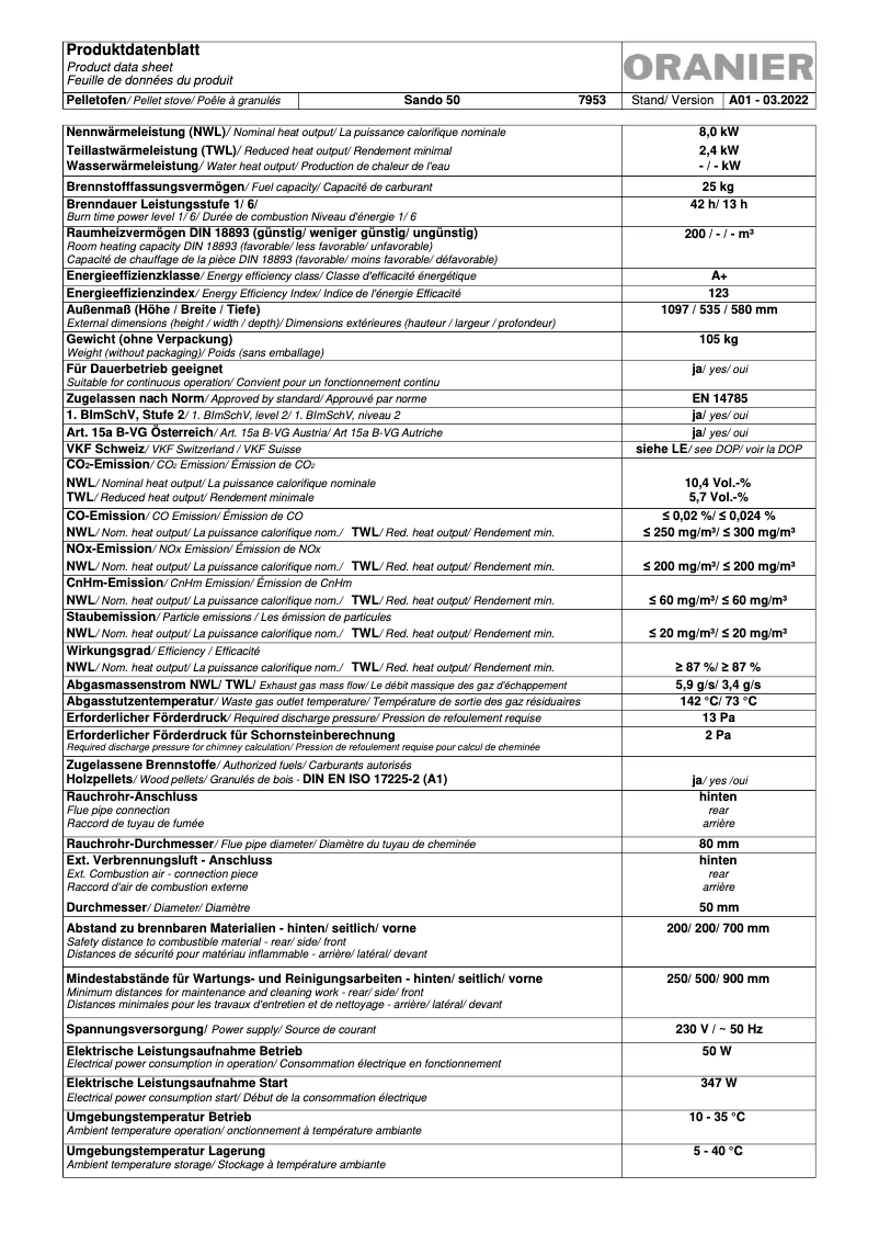 Page 1 de la notice Fiche technique Oranier PORI Aqua II