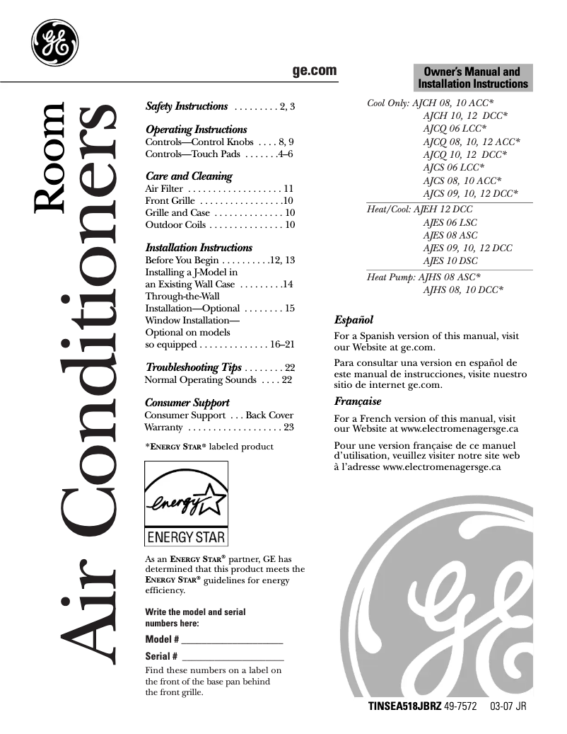 Page n°1 - Guide d'installation GE AJCS06LCC