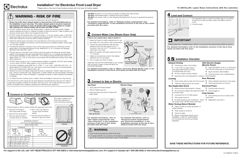 Page 1 de la notice Guide d'installation Electrolux ELFG7637AT