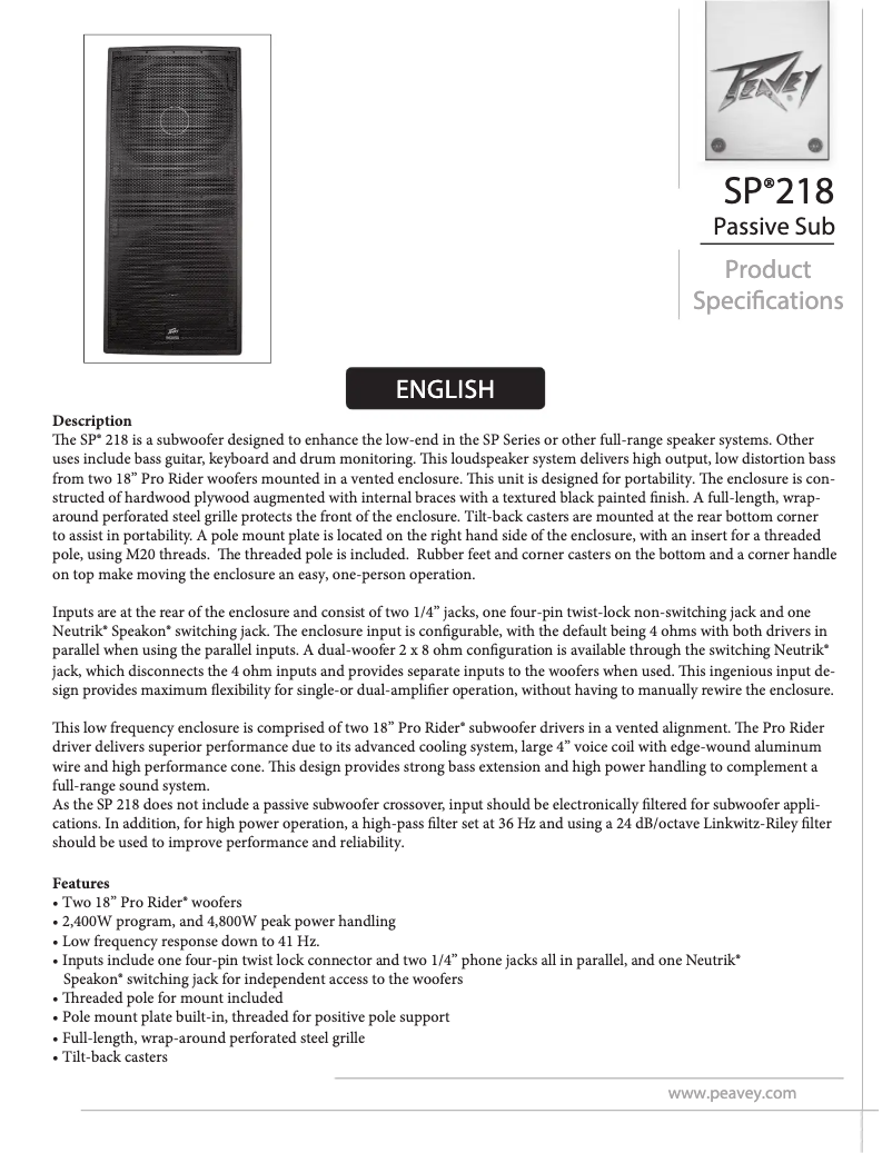 Page 1 de la notice Manuel utilisateur Peavey SP 218