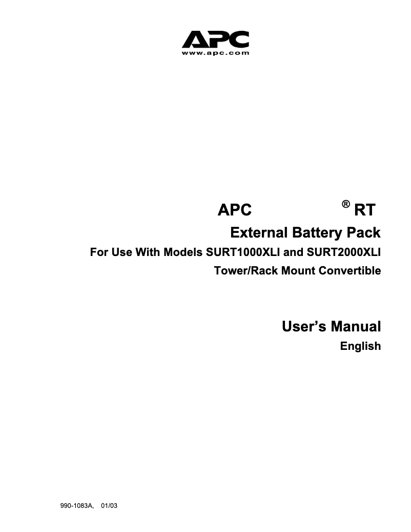 Page 1 de la notice Manuel utilisateur APC SURT2000XLI Kit