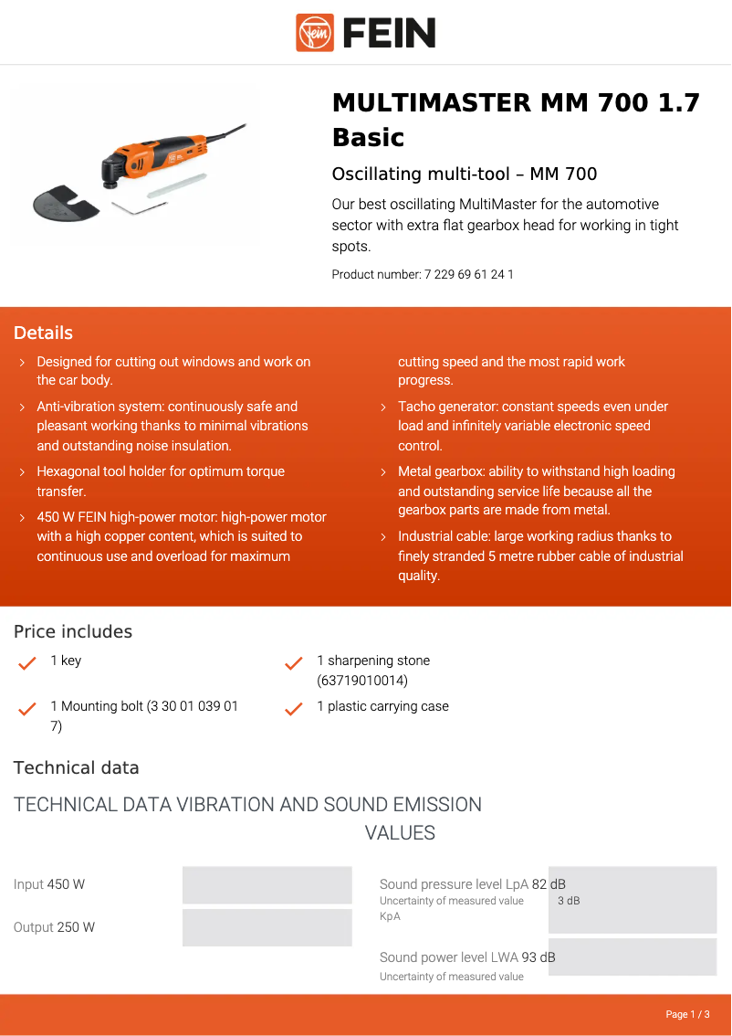 Page 1 de la notice Fiche technique Fein Multimaster MM 700 1.7 Basic
