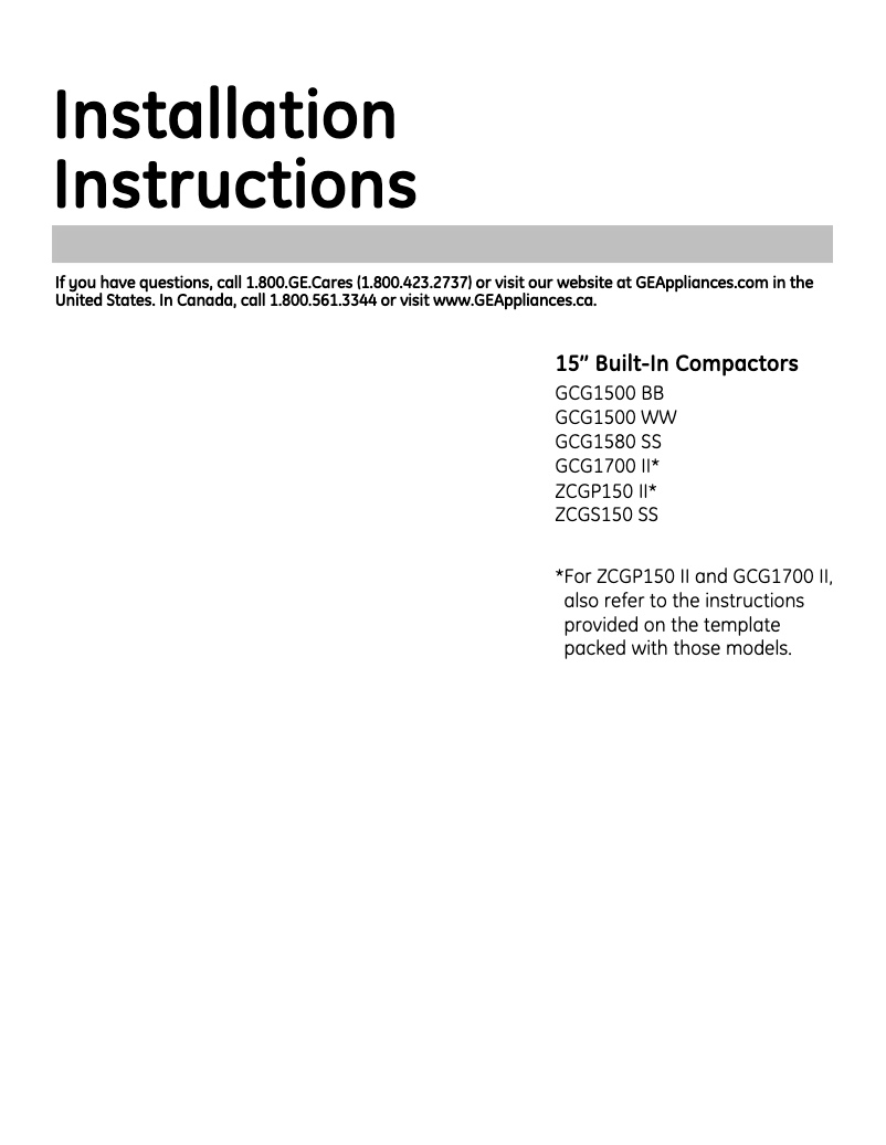 Page 1 de la notice Guide d'installation GE ZCGS150LSS