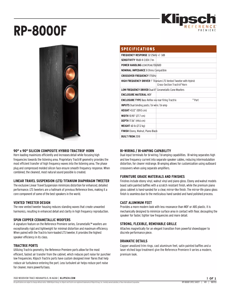 Page 1 de la notice Fiche technique Klipsch Reference Premiere RP-8000F