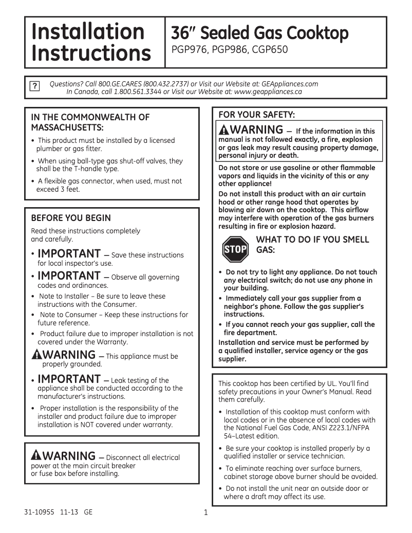 Page 1 of the manual Installation Guide GE Profile PGP976DETWW