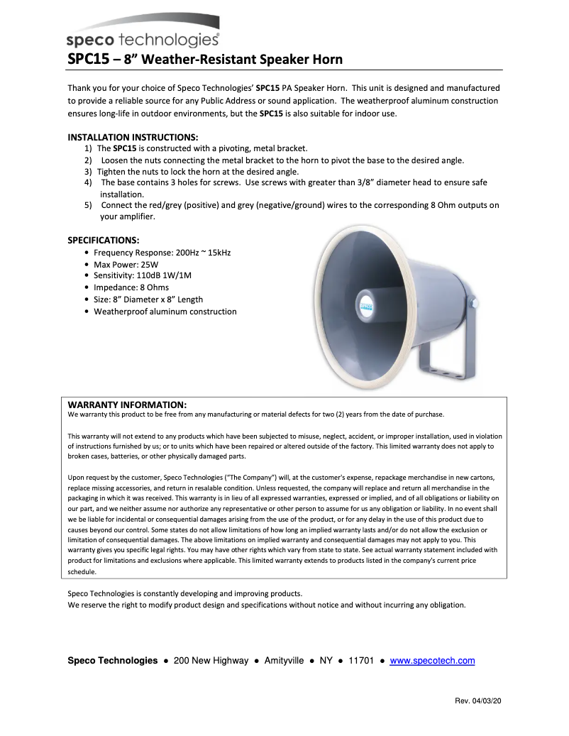 Page 1 de la notice Manuel utilisateur Speco Technologies SPC15