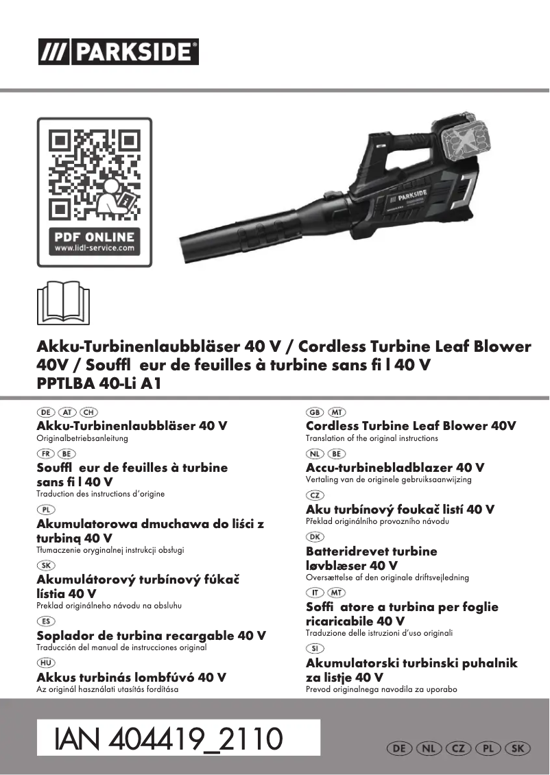 Page 1 de la notice Manuel utilisateur Parkside PPTLBA 40-Li A1