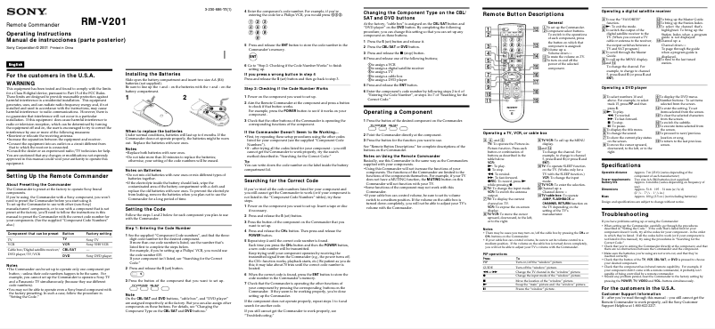 Page 1 of the manual User Manual Sony RM-V201