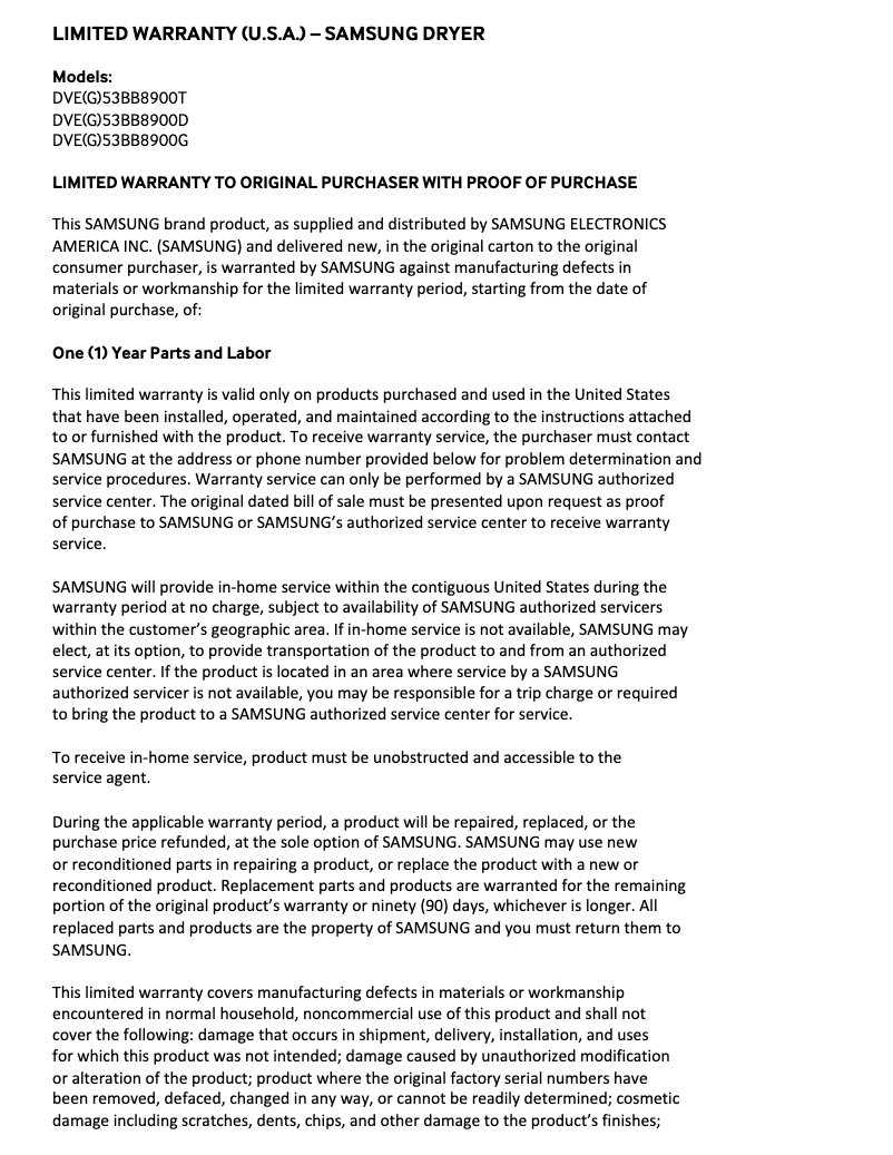 Página 1 del manual Información de garantía Samsung DVG53BB8900G