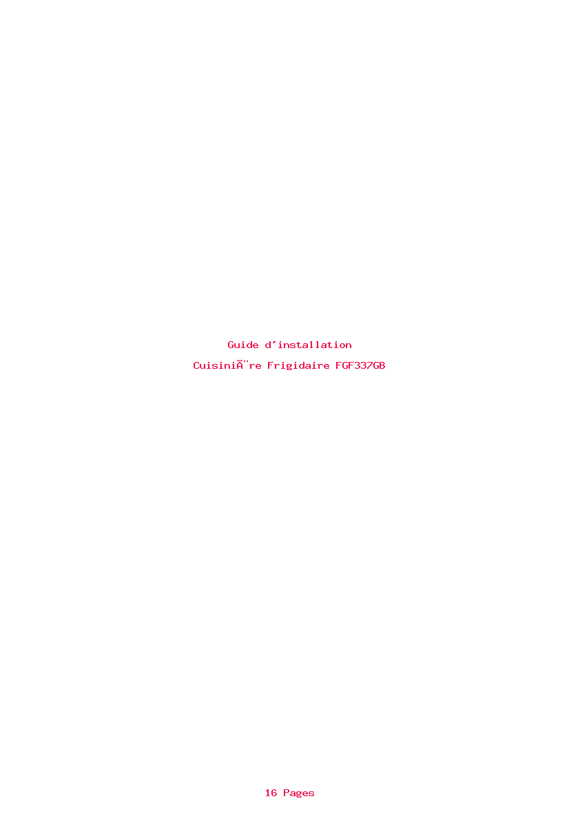 Page 1 de la notice Guide d'installation Frigidaire FGF337GB
