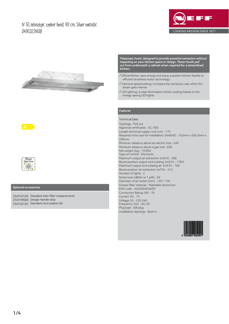 Página 1 del manual Ficha técnica Neff D49ED22N0B